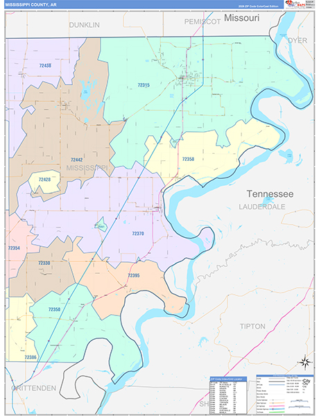 Mississippi County, AR Wall Map Color Cast Style
