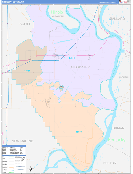 Mississippi County, MO Wall Map Color Cast Style