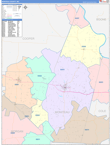Moniteau County, MO Map Color Cast Style