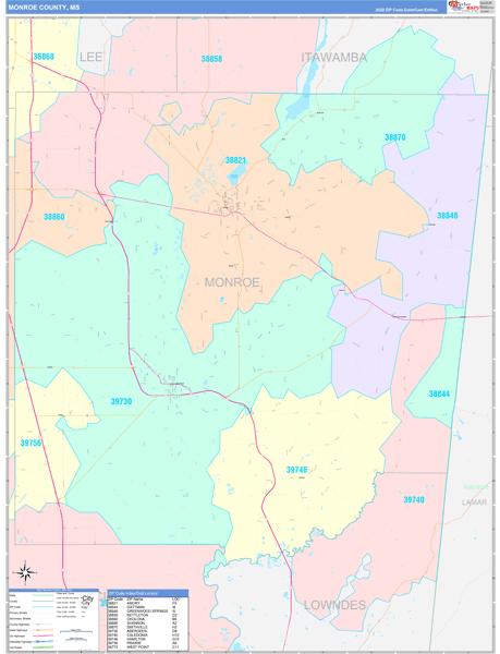 Monroe County, MS Zip Code Map