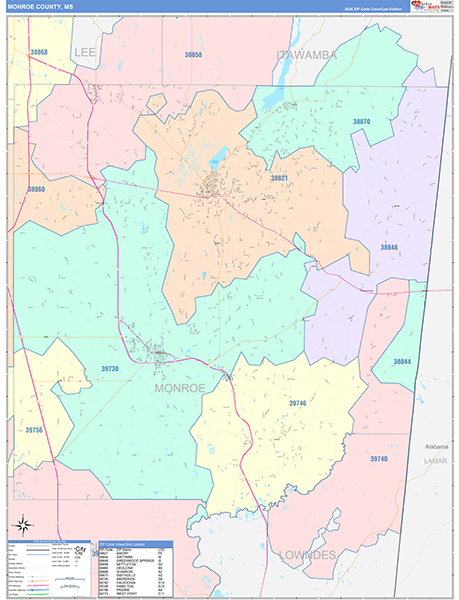 Monroe County, MS Zip Code Map
