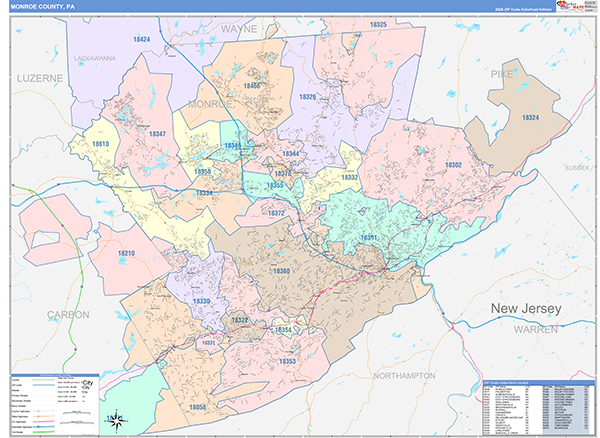 Monroe County, PA Wall Map Color Cast Style