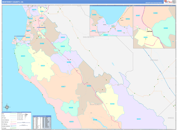 Monterey County, CA Wall Map Color Cast Style