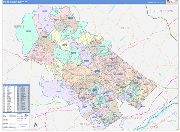 Montgomery County, PA Wall Map Color Cast Style