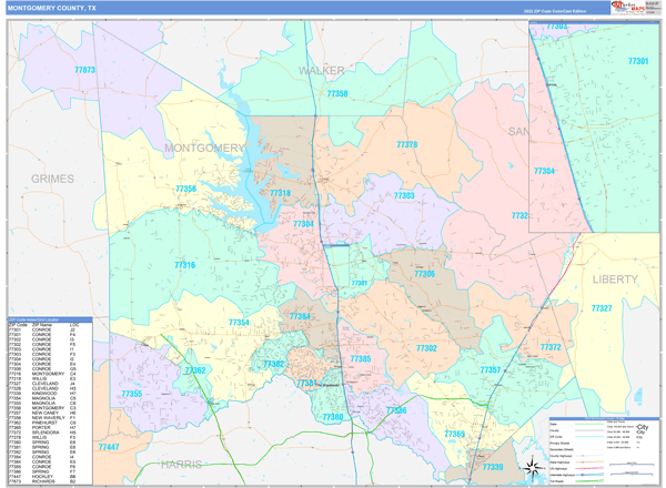 Montgomery County, TX Wall Map Color Cast Style