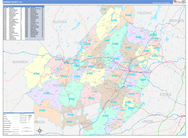 Morris County Wall Map Color Cast Style