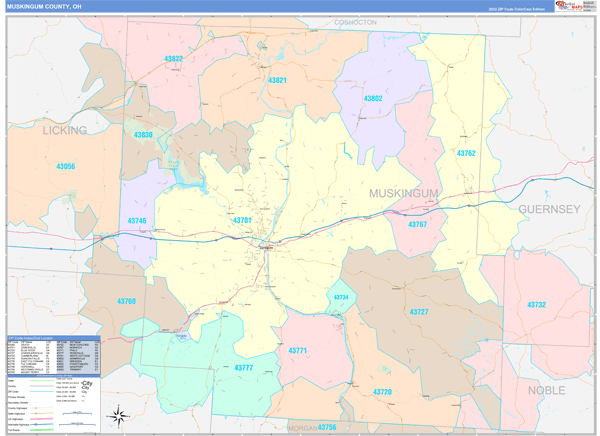 Muskingum County, OH Wall Map Color Cast Style