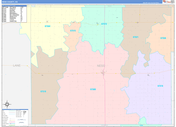 Ness County, KS Wall Map Color Cast Style