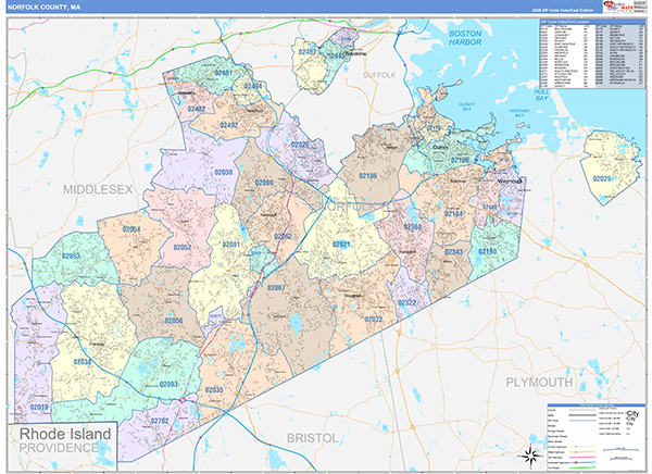 Norfolk County, MA Wall Map Color Cast Style