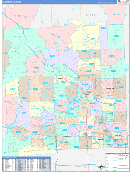 Oakland County MI Wall Map Color Cast Style By MarketMAPS MapSales