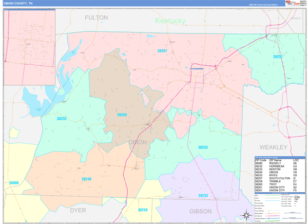 Obion County Wall Map Color Cast Style