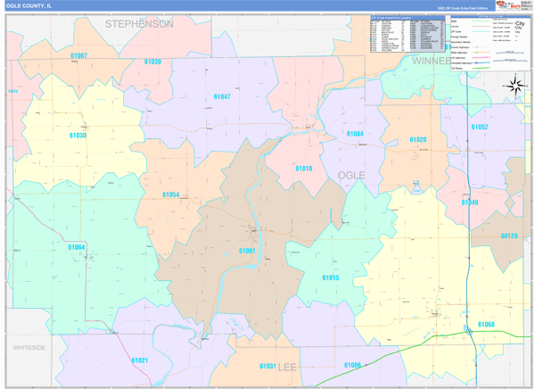 Ogle County Wall Map Color Cast Style