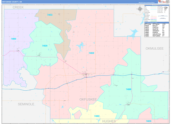 Okfuskee County Wall Map Color Cast Style