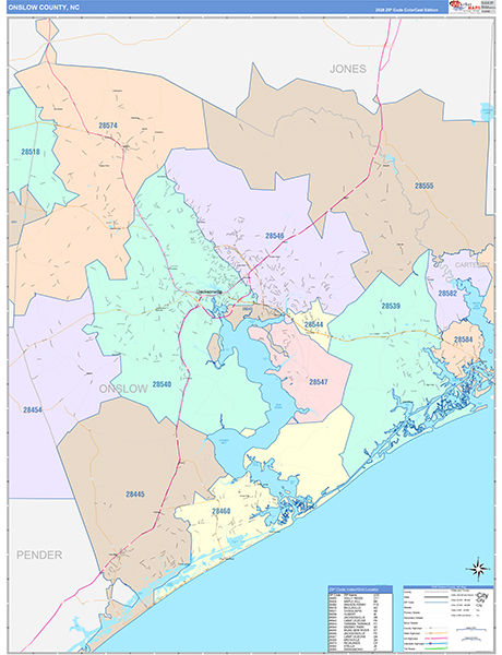 Onslow County, NC Wall Map Color Cast Style