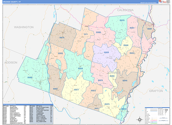 Orange County, VT Zip Code Map