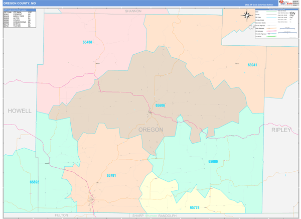 Oregon County Digital Map Color Cast Style