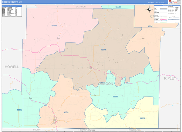 Oregon County, MO Map Color Cast Style