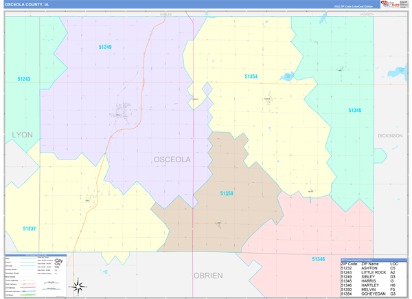 Osceola County, IA Wall Map Color Cast Style