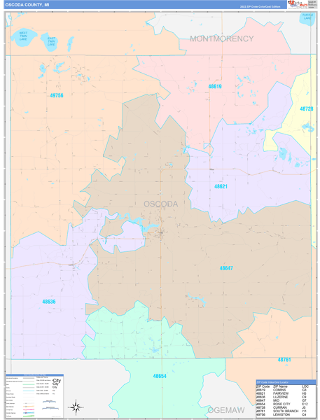 Oscoda County, MI Wall Map Color Cast Style