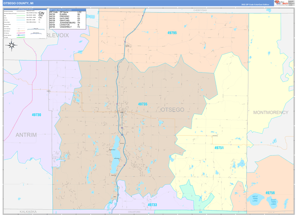 Otsego County Wall Map Color Cast Style