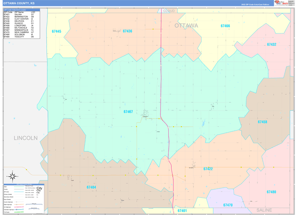 Ottawa County, KS Zip Code Map