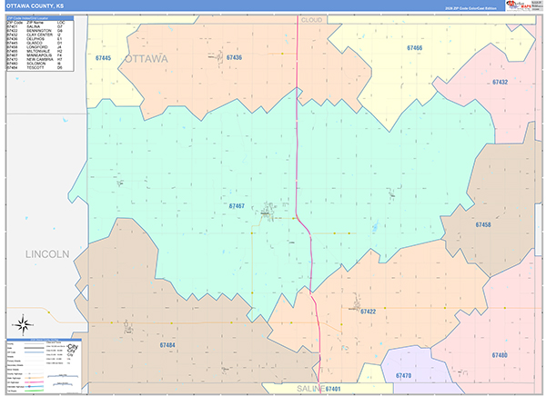 Ottawa County, KS Wall Map Color Cast Style