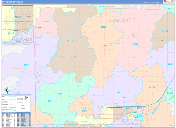 Outagamie County Wall Map Color Cast Style