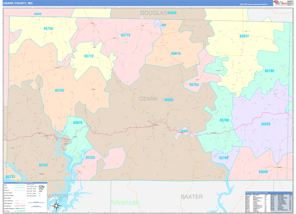 Ozark County Wall Map Color Cast Style