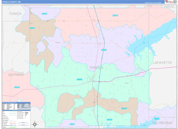Panola County, MS Wall Map Color Cast Style