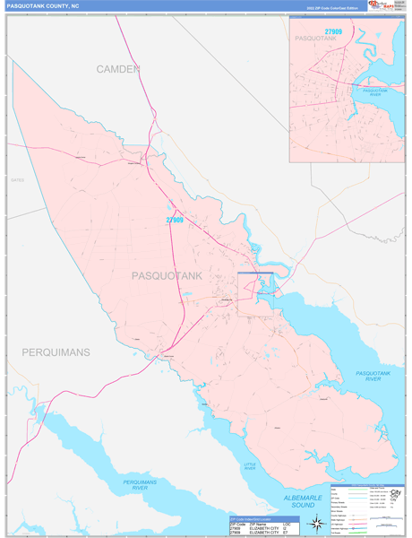 Pasquotank County, NC Wall Map Color Cast Style