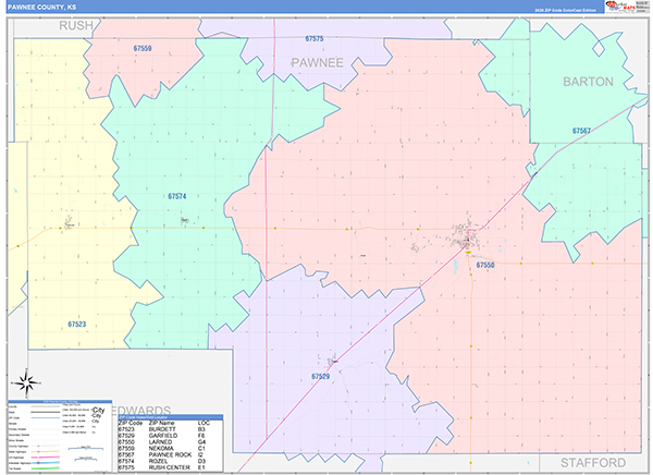 Pawnee County, KS Zip Code Map