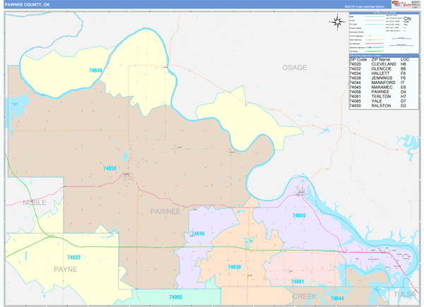 Pawnee County, OK Wall Map Color Cast Style