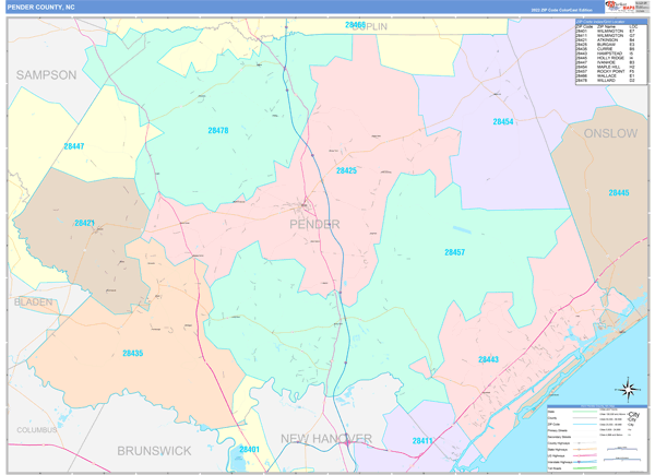 Pender County, NC Wall Map Color Cast Style
