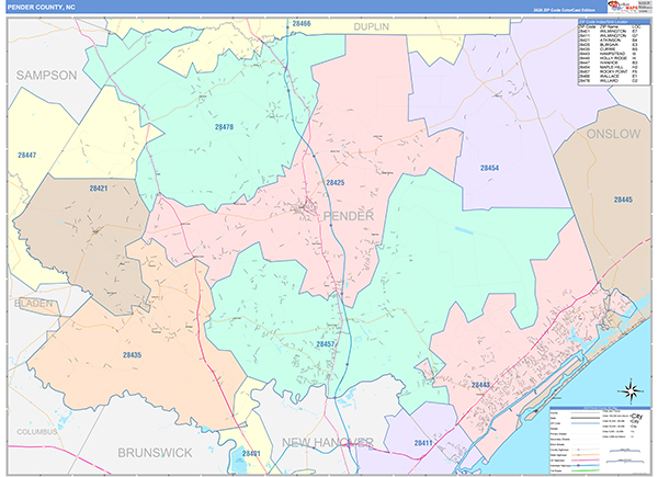 Pender County Wall Map Color Cast Style