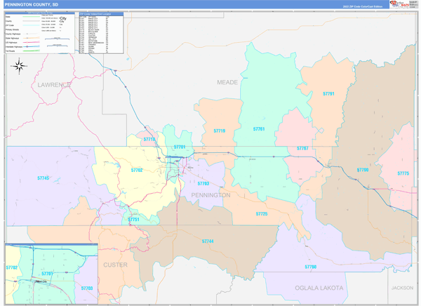 Pennington County Wall Map Color Cast Style