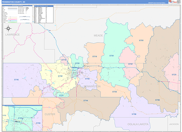 Pennington County Wall Map Color Cast Style