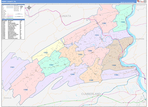 Perry County, PA Wall Map Color Cast Style