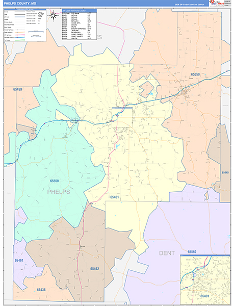 Phelps County, MO Map Color Cast Style