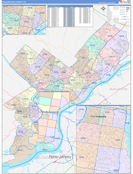 Philadelphia County, PA Wall Map Color Cast Style