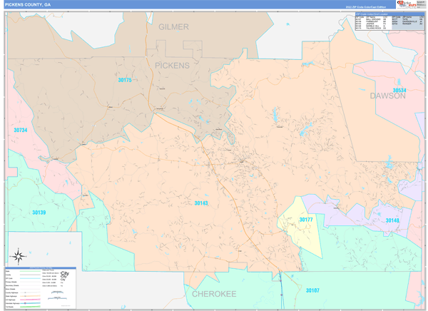 Pickens County Wall Map Color Cast Style