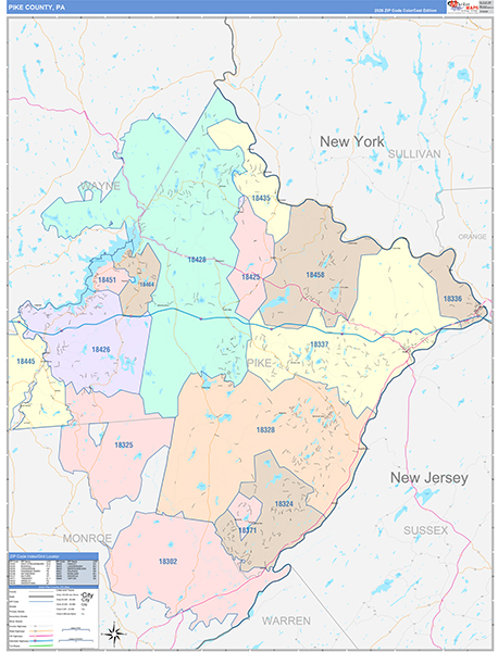 Pike County, PA Wall Map Color Cast Style
