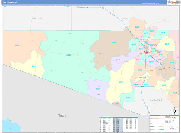 Pima County Wall Map Color Cast Style