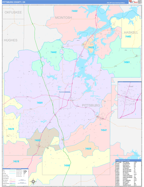 Pittsburg County, OK Wall Map Color Cast Style