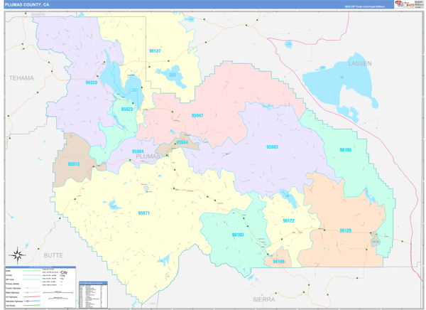 Plumas County Wall Map Color Cast Style