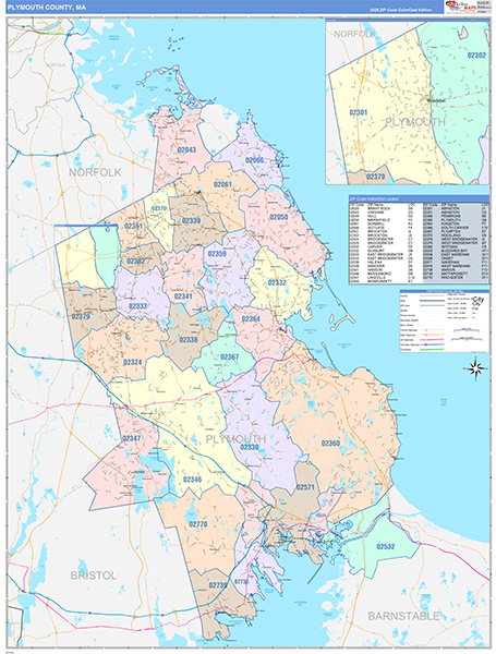 Plymouth County, MA Wall Map Color Cast Style