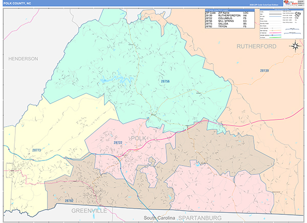 Polk County, NC Wall Map Color Cast Style