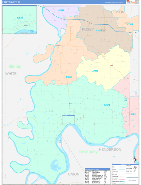Posey County, IN Wall Map Color Cast Style