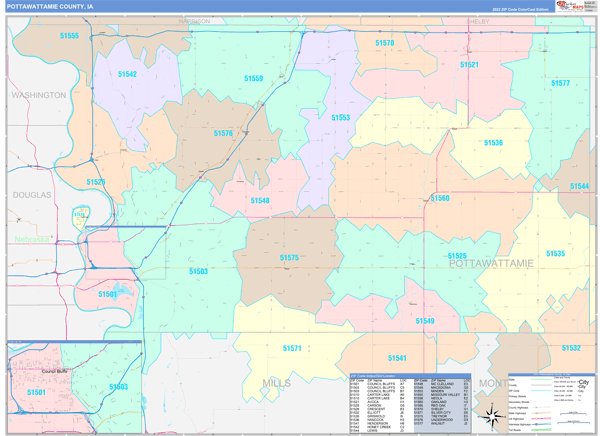 Pottawattamie County, IA Wall Map Color Cast Style