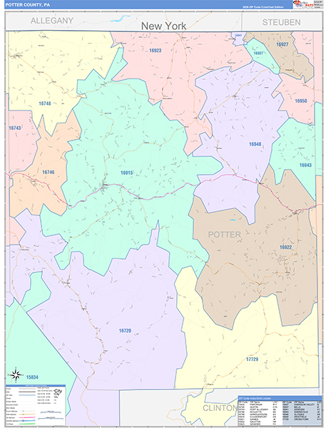 Potter County, PA Wall Map Color Cast Style