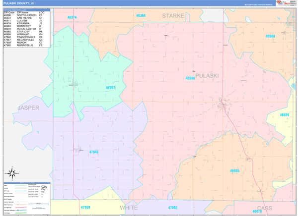 Pulaski County, IN Wall Map Color Cast Style